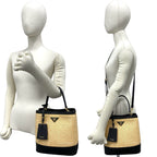 Prada Panier Triangle Logo Raffia Saffiano Leather 2-Way Shoulder Bag Beige — view 2