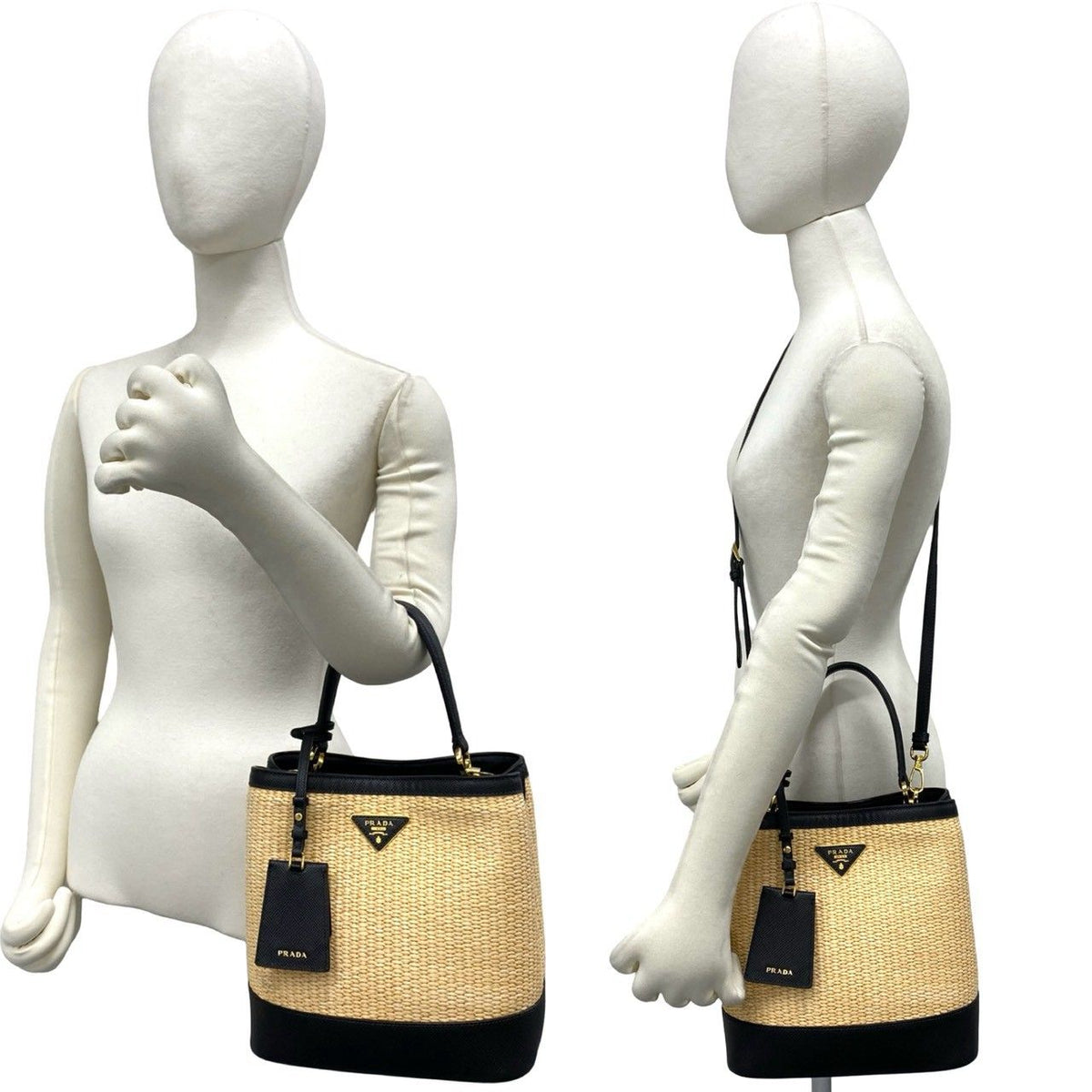 Prada Panier Triangle Logo Raffia Saffiano Leather 2-Way Shoulder Bag Beige — view 2
