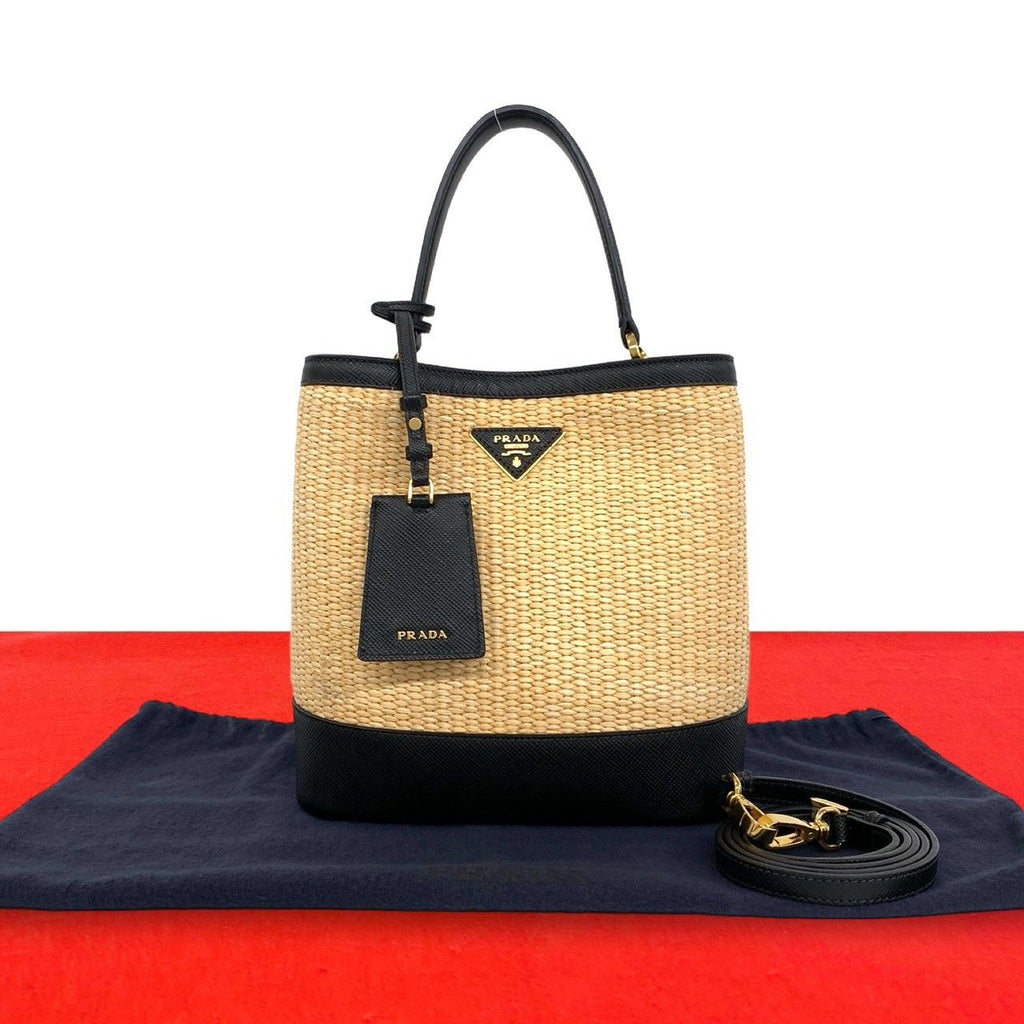Prada Panier Triangle Logo Raffia Saffiano Leather 2-Way Shoulder Bag Beige