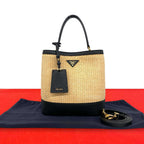 Prada Panier Triangle Logo Raffia Saffiano Leather 2-Way Shoulder Bag Beige
