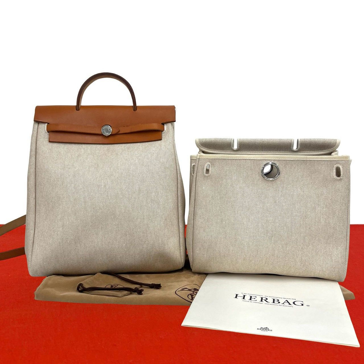 Hermes Herbag a Dos PM Toile H Leather Backpack Gold Ivory