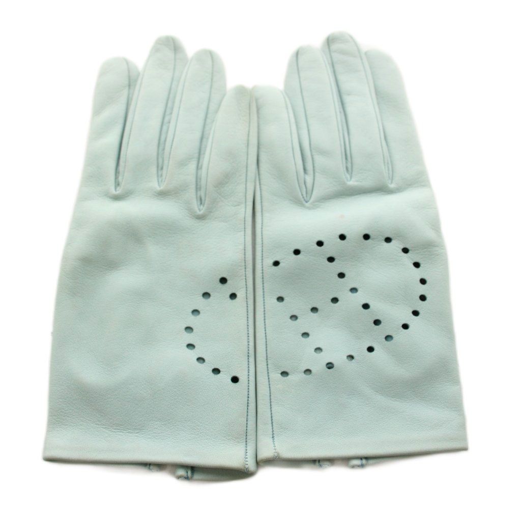 Hermes Gloves Leather Perforated Logo 6.5 Light Blue