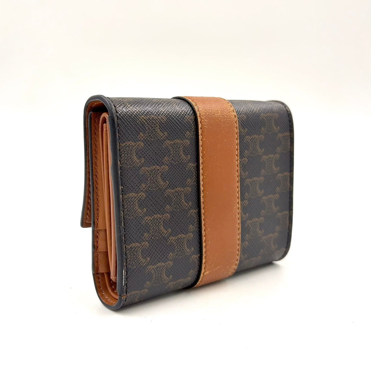 Celine Triomphe Leather Canvas Brown Black Trifold Wallet Gold — view 2
