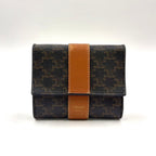Celine Triomphe Leather Canvas Brown Black Trifold Wallet Gold
