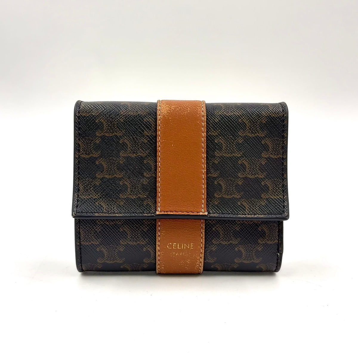 Celine Triomphe Leather Canvas Brown Black Trifold Wallet Gold