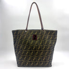 Fendi Zucca Pattern Leather Canvas Brown Tote Bag Silver