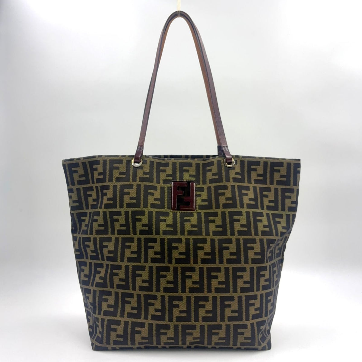 Fendi Zucca Pattern Leather Canvas Brown Tote Bag Silver