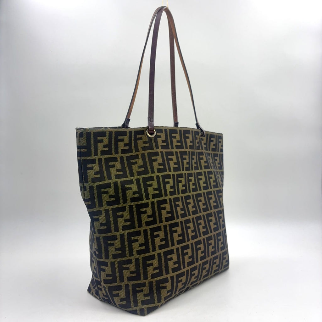 Fendi Zucca Pattern Leather Canvas Brown Tote Bag Silver — view 2