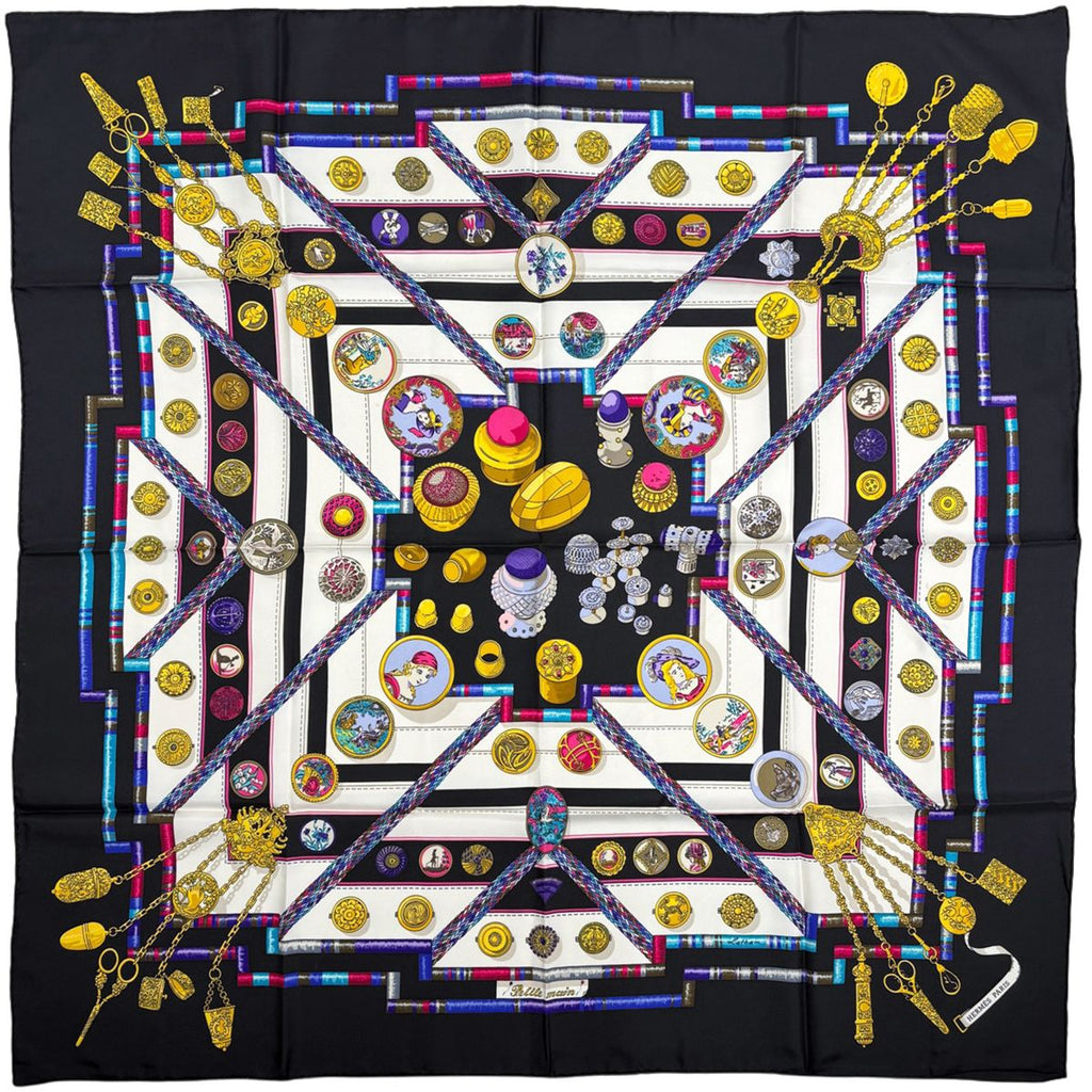 Hermes Carre 90 Petite Scarf Seamstress Silk Black Multicolor
