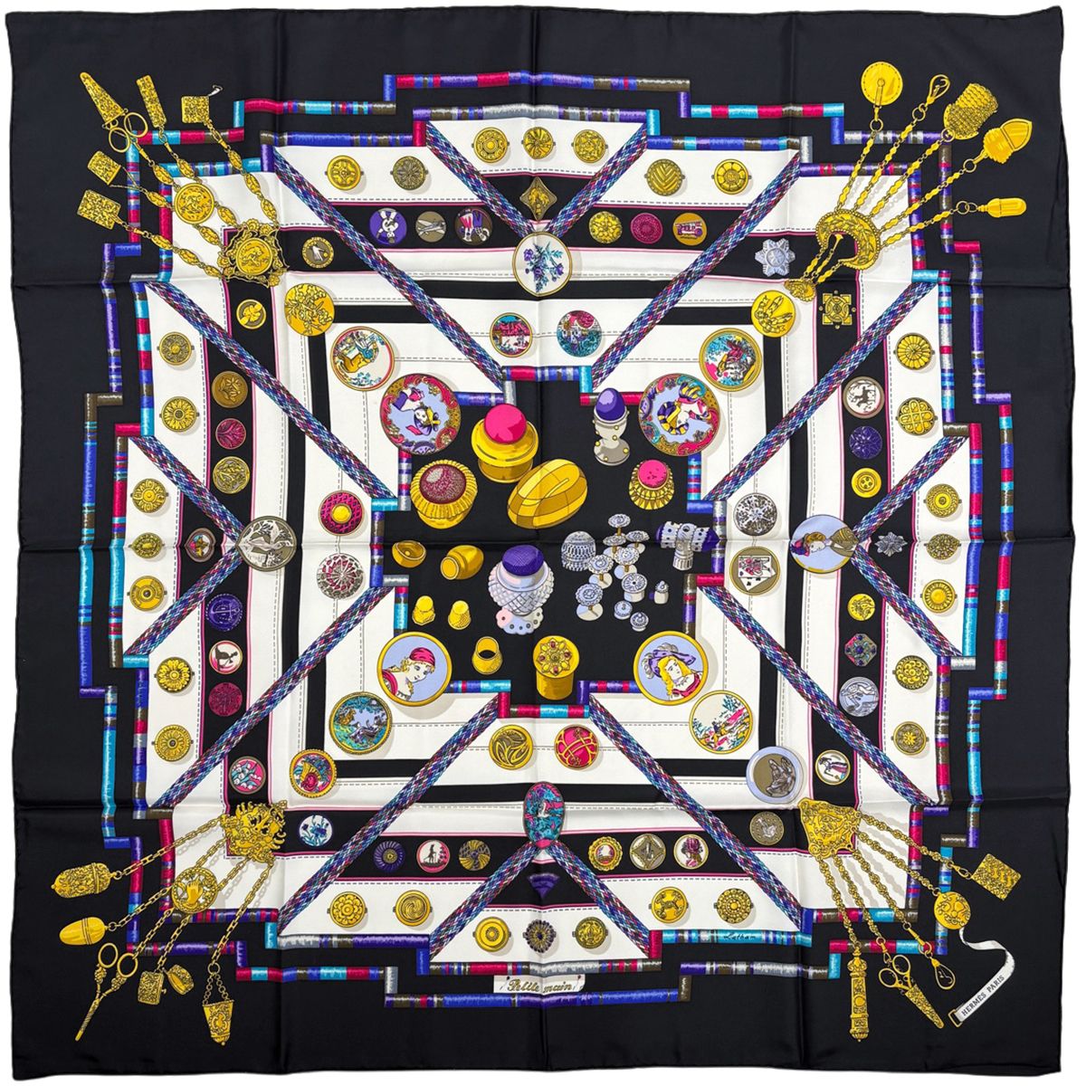 Hermes Carre 90 Petite Scarf Seamstress Silk Black Multicolor