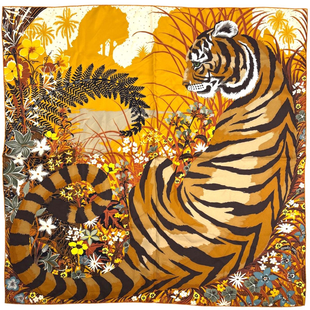 Hermes Carre 90 Tyger Scarf Tiger Silk Orange Multicolor