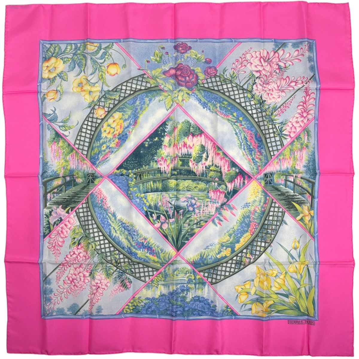 Hermes Carre 90 Giverny Scarf Garden Flower Silk Pink Multicolor