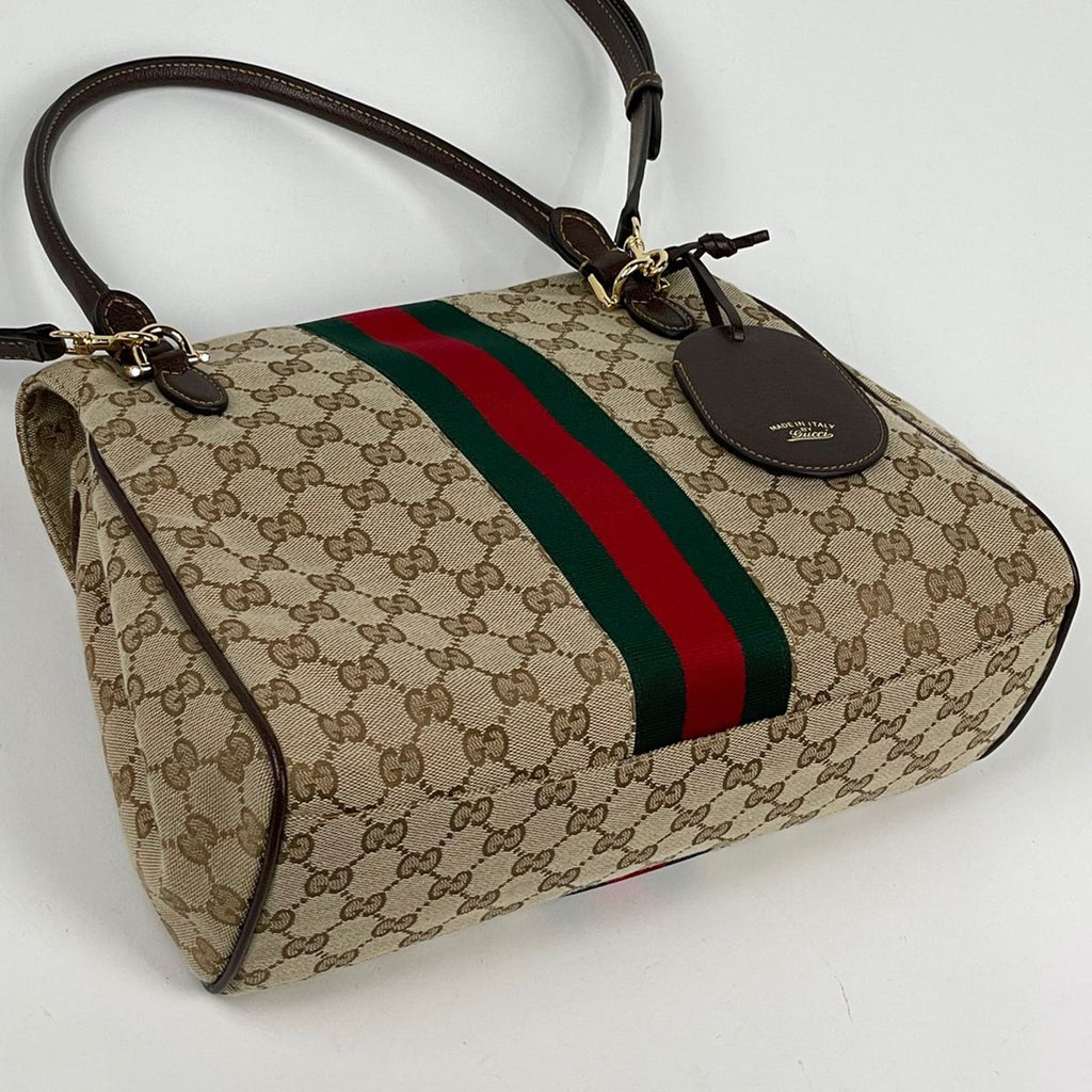 Gucci Paparazzo Medium Top Handle Bag Handbag 2-Way Horsebit GG Canvas Beige — view 2