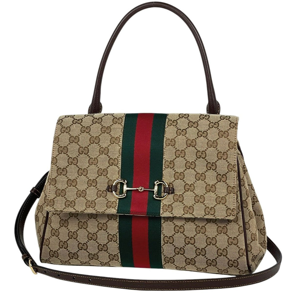 Gucci Paparazzo Medium Top Handle Bag Handbag 2-Way Horsebit GG Canvas Beige