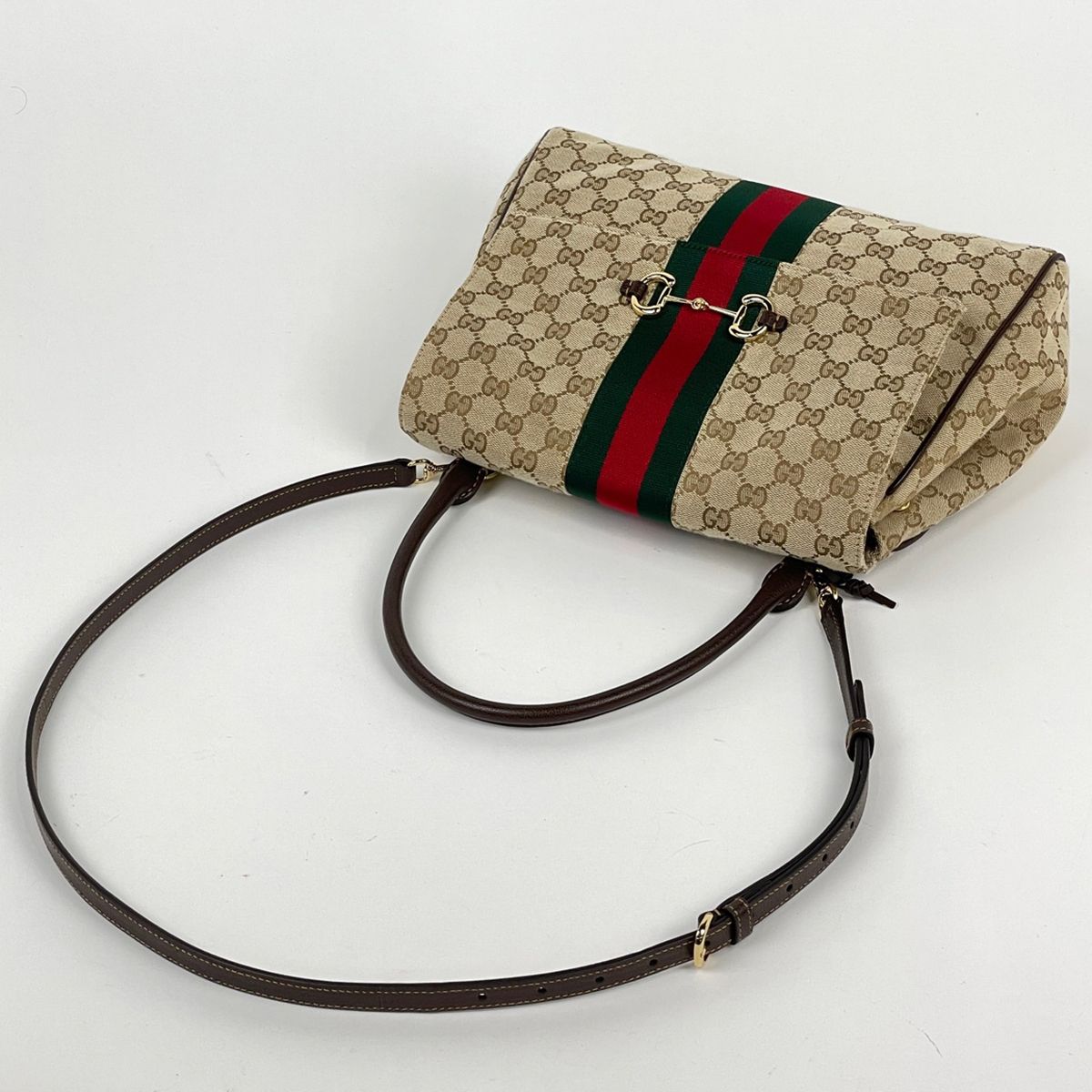 Gucci Paparazzo Medium Top Handle Bag Handbag 2-Way Horsebit GG Canvas Beige — view 5