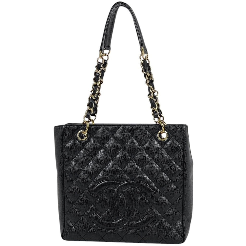 Chanel Tote Bag CC Logo Quilted Petite Shopping PST Caviar Leather Black