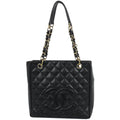 Chanel Tote Bag CC Logo Quilted Petite Shopping PST Caviar Leather Black