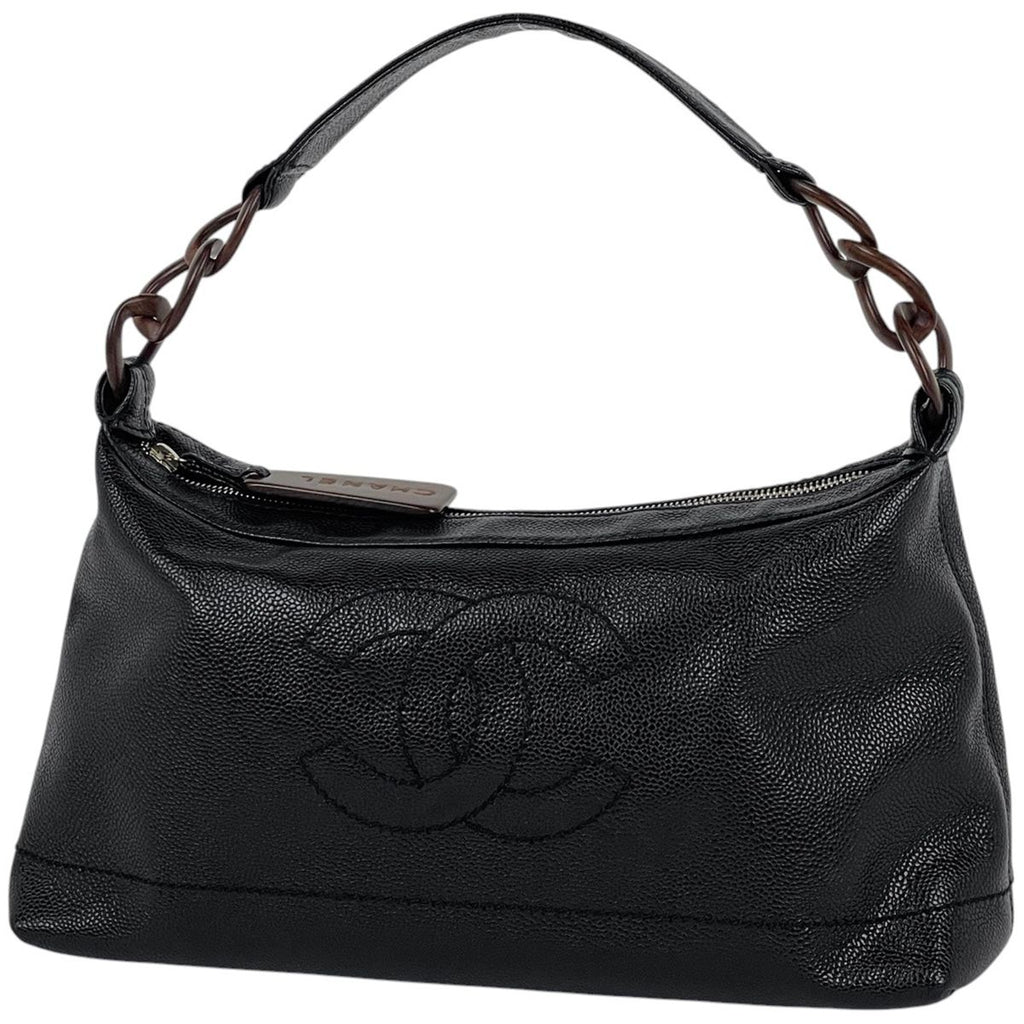 Chanel Shoulder Bag CC Logo Wood Chain Caviar Leather Black