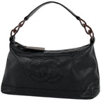 Chanel Shoulder Bag CC Logo Wood Chain Caviar Leather Black