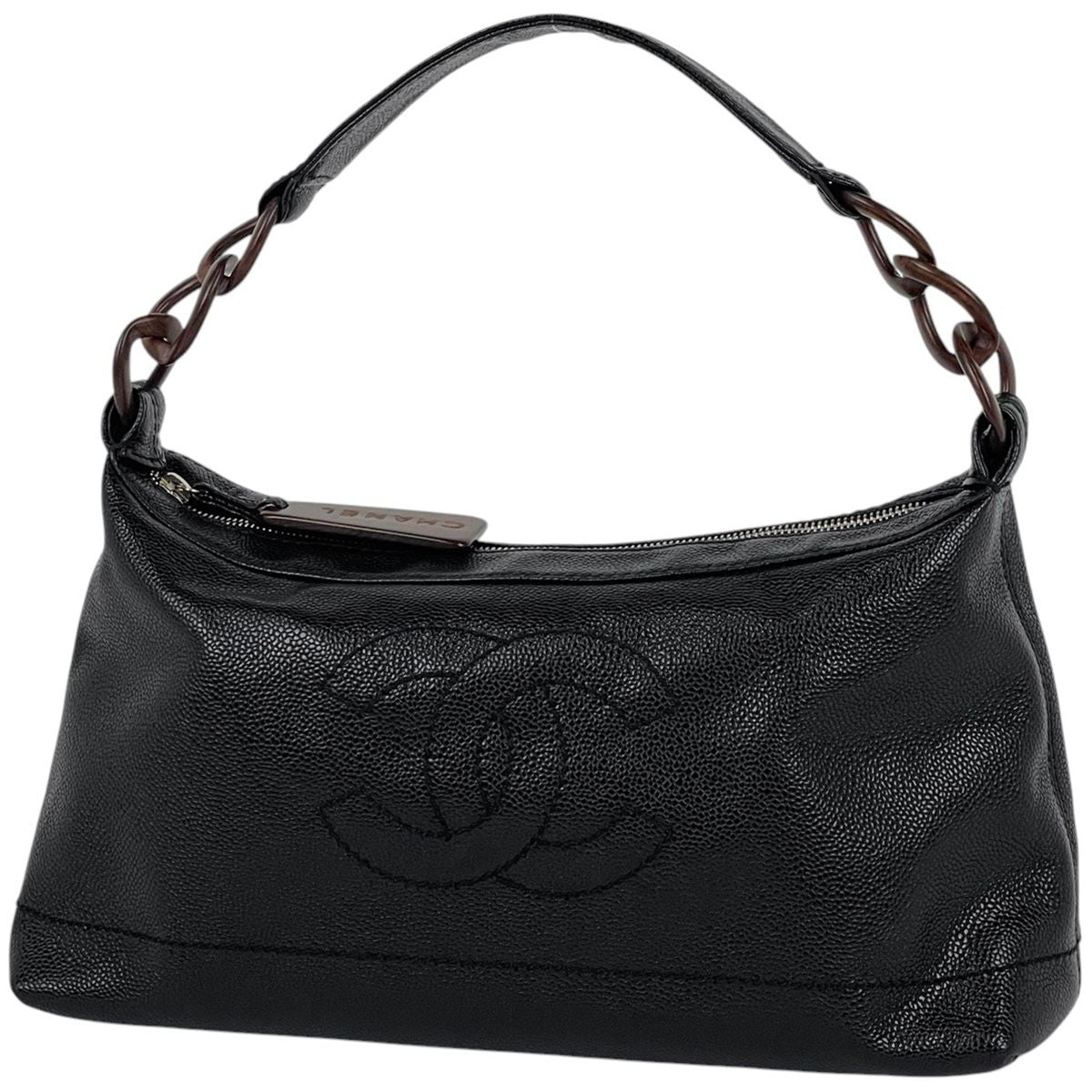 Chanel Shoulder Bag CC Logo Wood Chain Caviar Leather Black