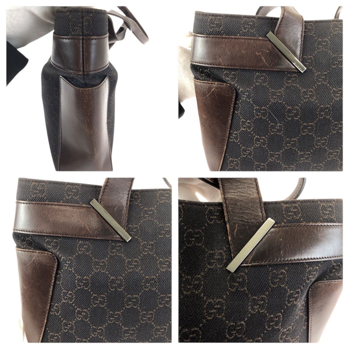 Gucci Dark Brown Silver GG Canvas Leather Tote Bag — view 5