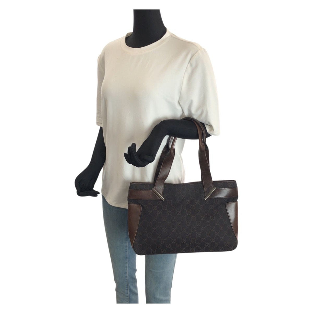 Gucci Dark Brown Silver GG Canvas Leather Tote Bag — view 7