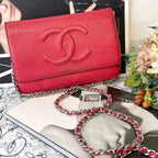 Chanel Chain Wallet Jumbo CC Logo Caviar Leather Red Shoulder Bag — view 2