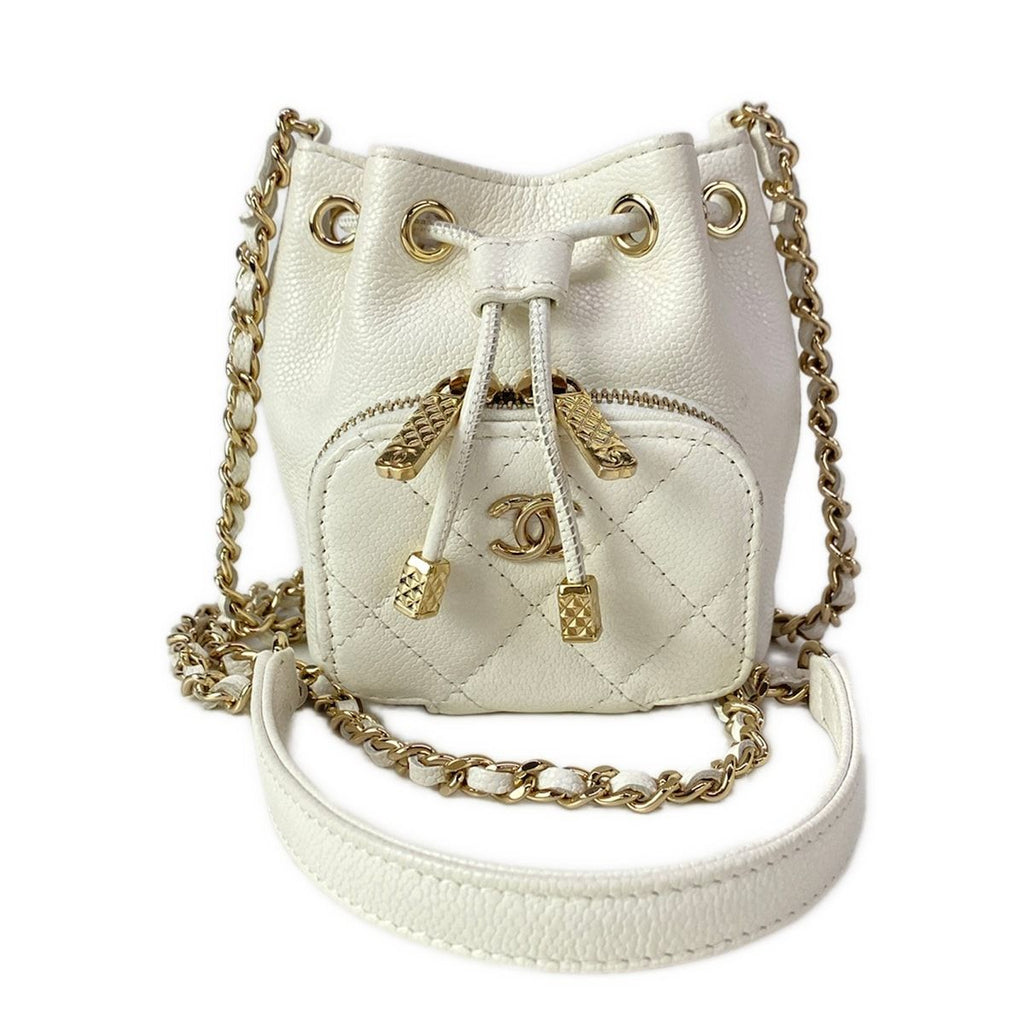 Chanel Shoulder Bag White Drawstring Gold Chain