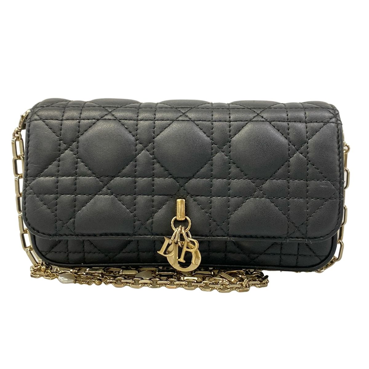 Dior Shoulder Bag Cannage Stitch Black Smartphone Pochette Chain Leather