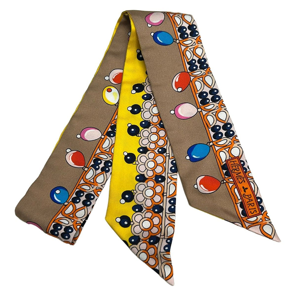 Hermes Scarf Twilly Brown Yellow Multi Ribbon