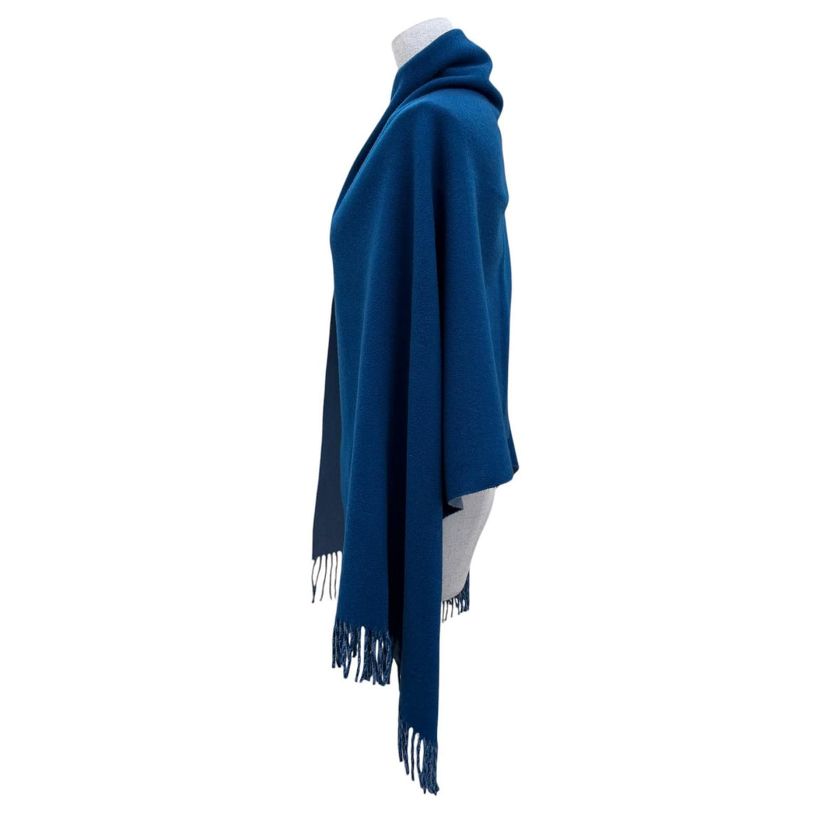 Hermes Cashmere 100% Logo Embroidery Bicolor Large Scarf Shawl with Fringe Blue — view 3