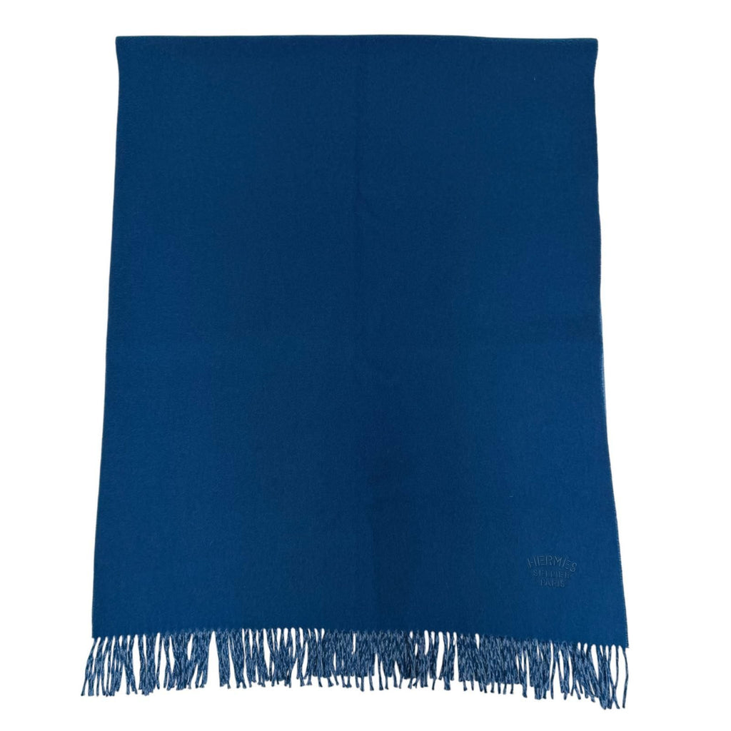Hermes Cashmere 100% Logo Embroidery Bicolor Large Scarf Shawl with Fringe Blue