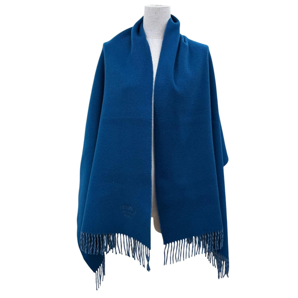Hermes Cashmere 100% Logo Embroidery Bicolor Large Scarf Shawl with Fringe Blue — view 2