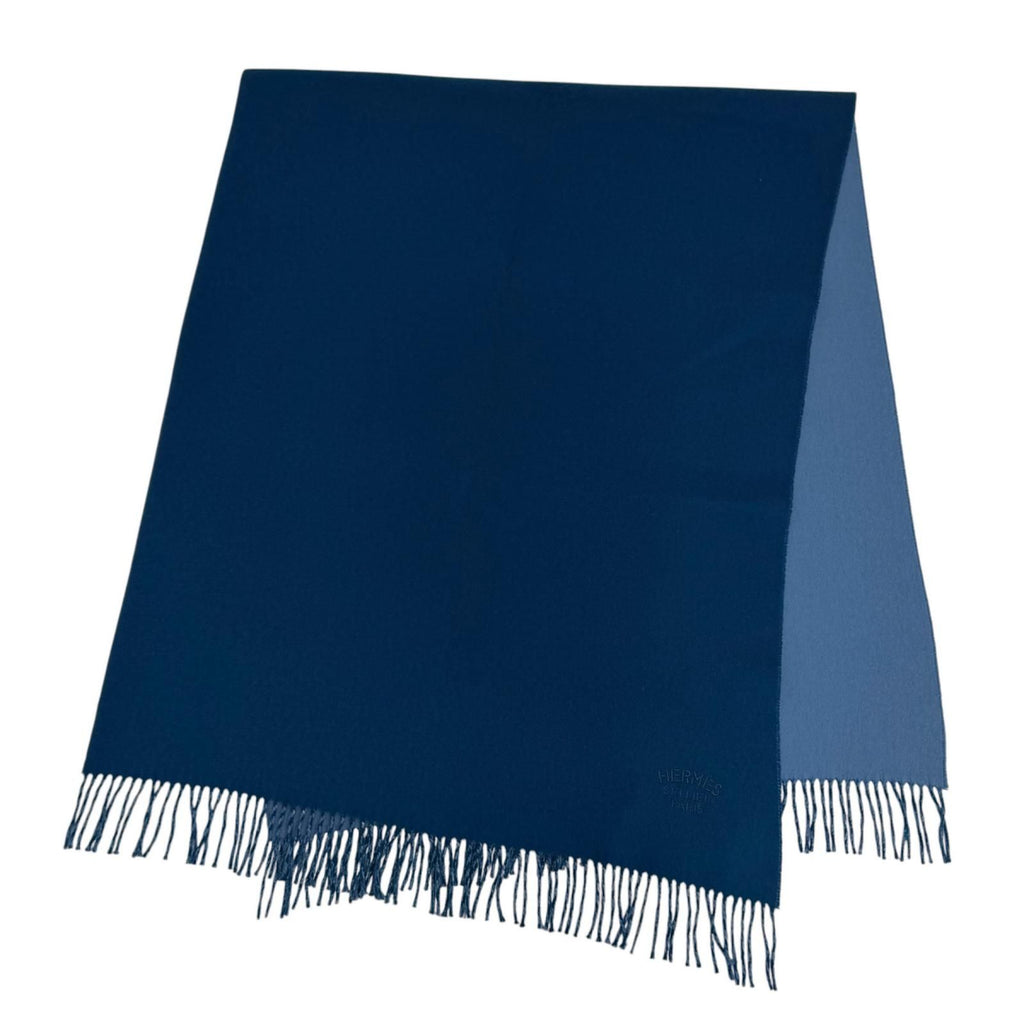 Hermes Cashmere 100% Logo Embroidery Bicolor Large Scarf Shawl with Fringe Blue — view 5
