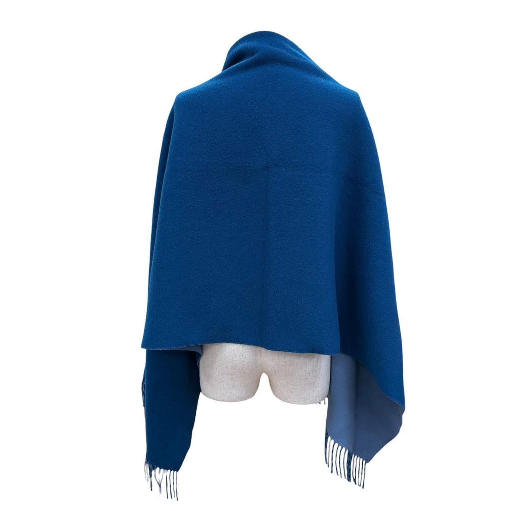Hermes Cashmere 100% Logo Embroidery Bicolor Large Scarf Shawl with Fringe Blue — view 4