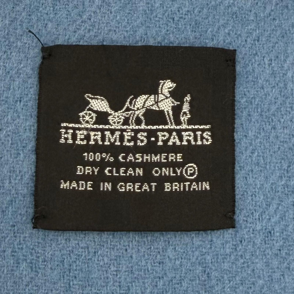 Hermes Cashmere 100% Logo Embroidery Bicolor Large Scarf Shawl with Fringe Blue — view 8