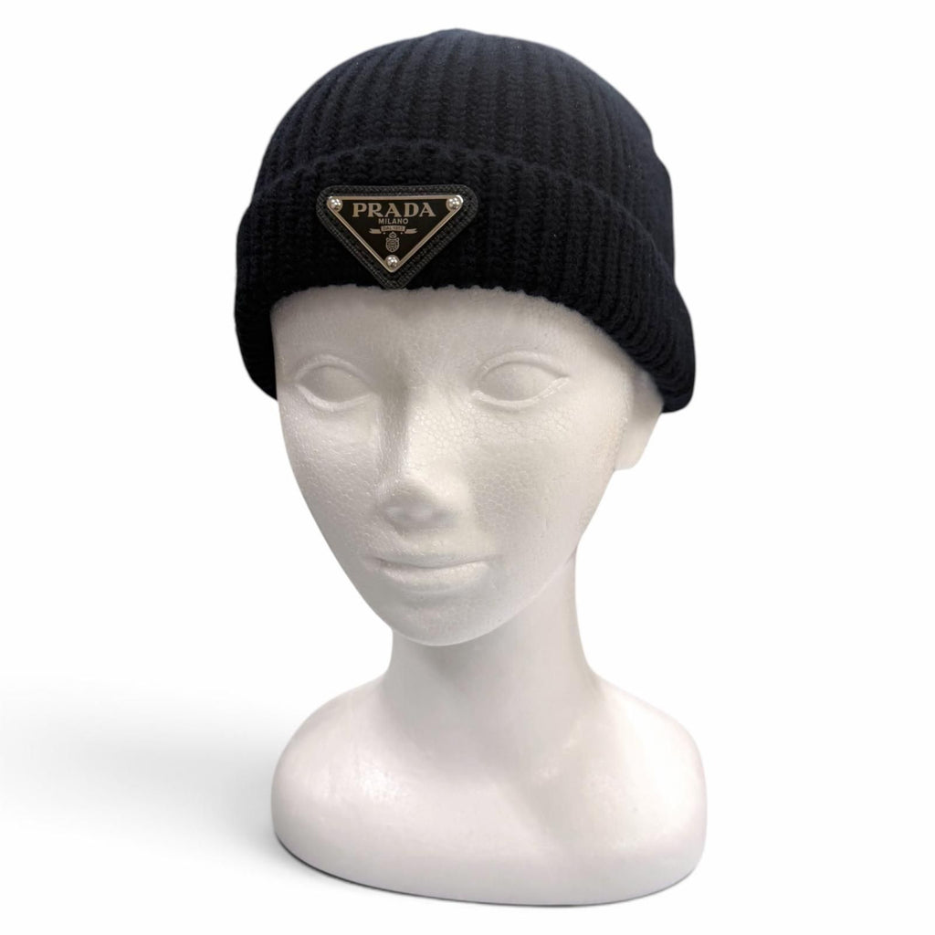 Prada Wool Cashmere Triangle Logo Plate Hat Knit Cap Navy