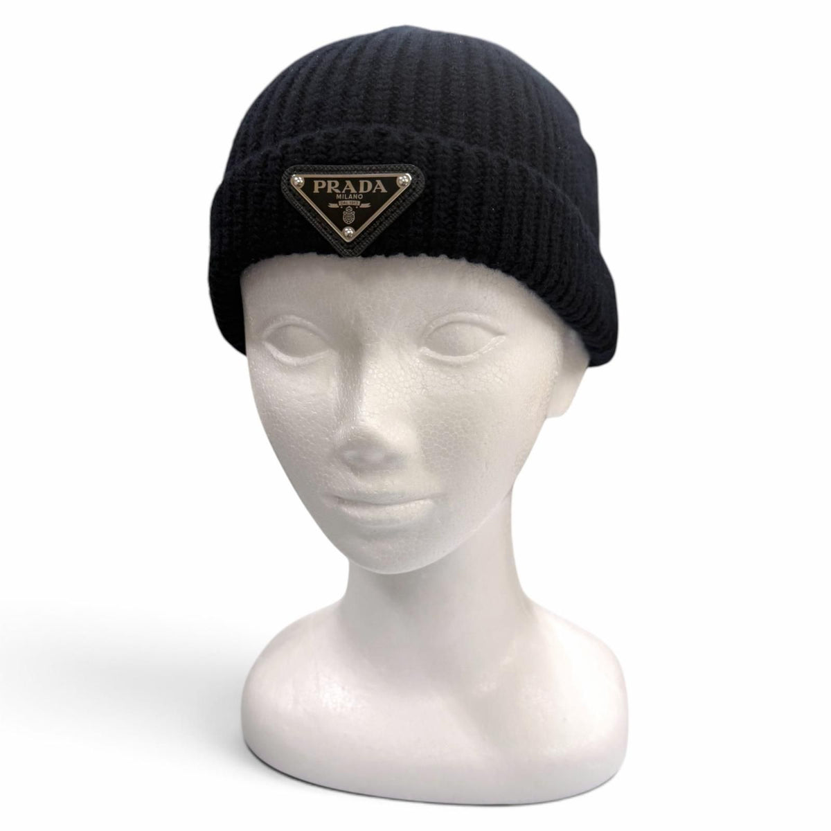 Prada Wool Cashmere Triangle Logo Plate Hat Knit Cap Navy