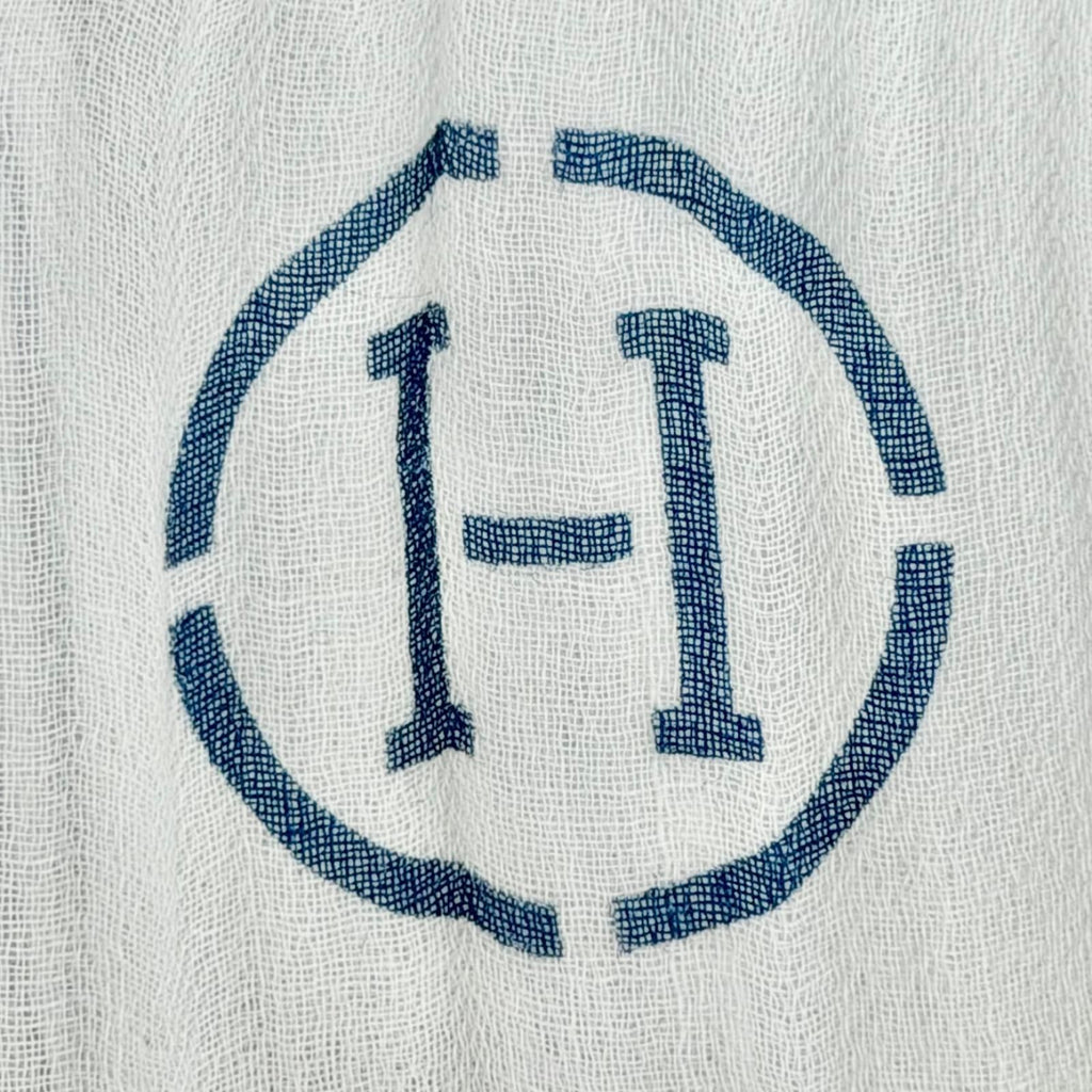 Hermes Naoshima Cotton 100% Blue Zee White H Logo Mini Fringe Large Shawl Scarf — view 6