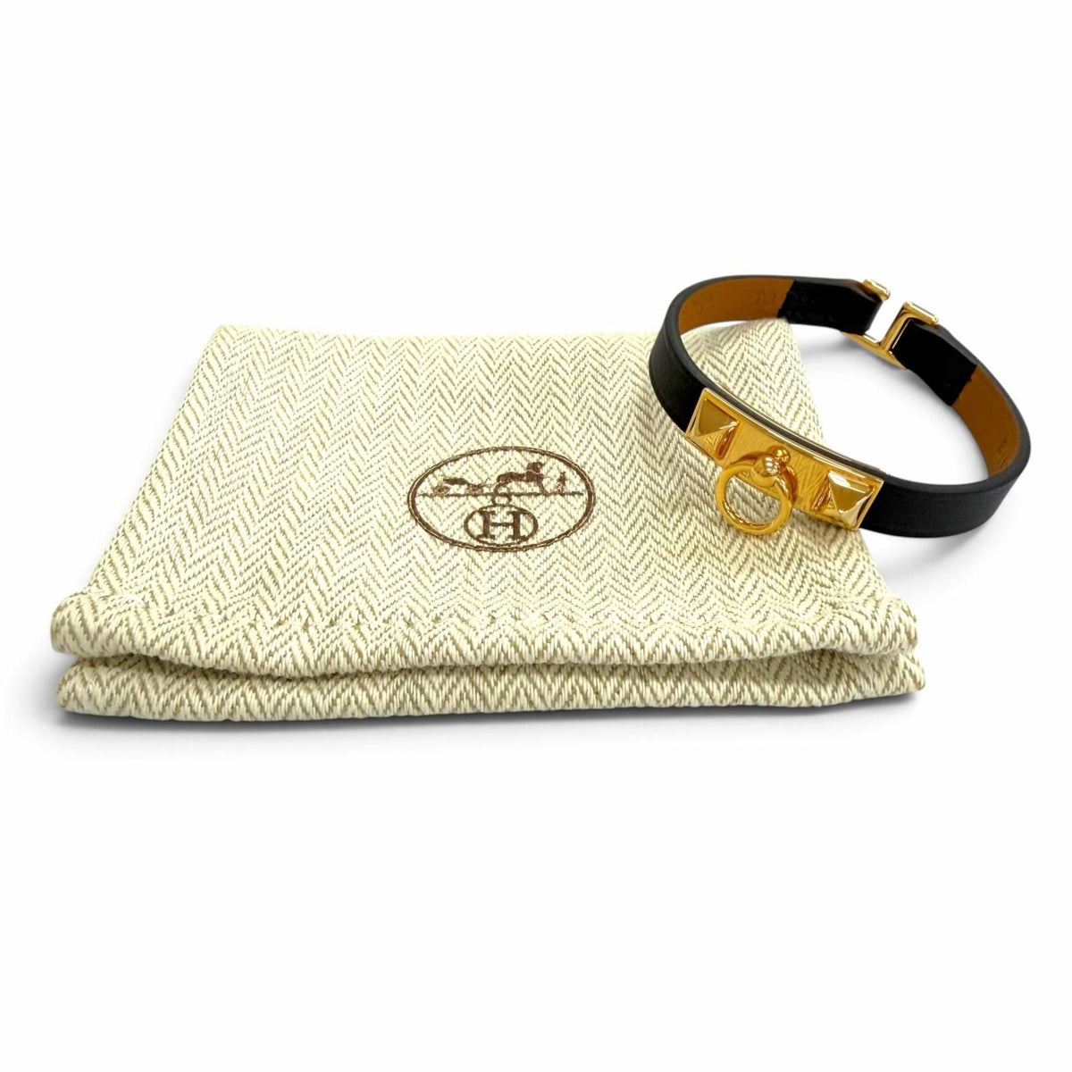 Hermes Micro Rival Swift Gold Leather Bracelet Black T3 — view 2