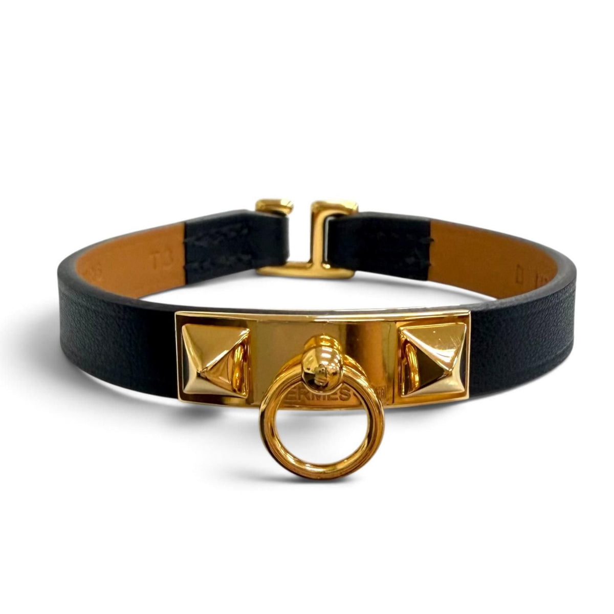 Hermes Micro Rival Swift Gold Leather Bracelet Black T3