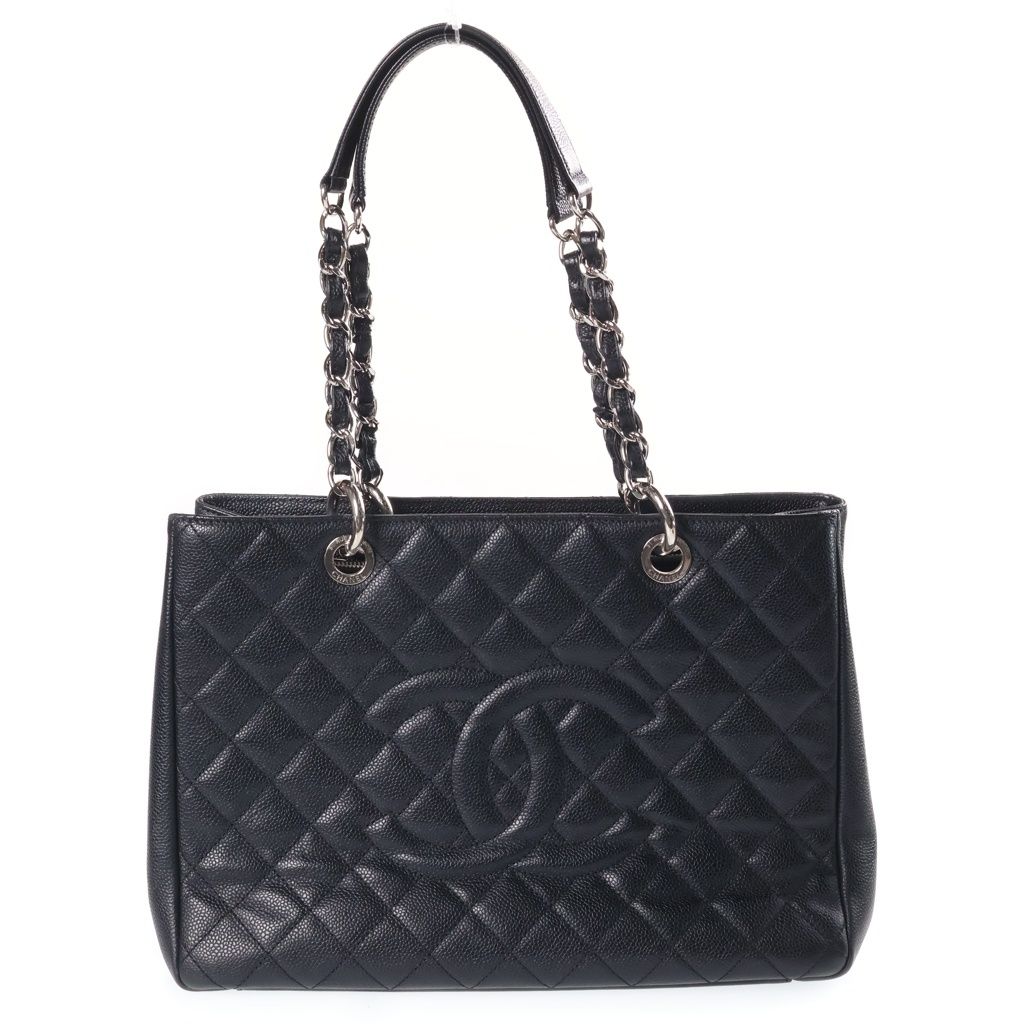 Chanel CC Logo Grand Shopping Tote Bag GST Silver Caviar Black