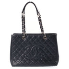 Chanel CC Logo Grand Shopping Tote Bag GST Silver Caviar Black