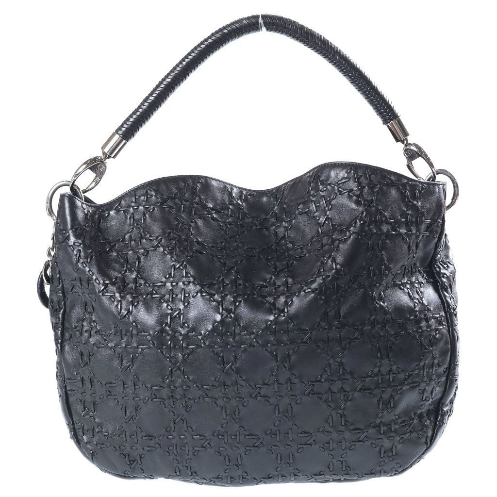 Dior Cannage Hobo One Handle Tote Black Leather Silver