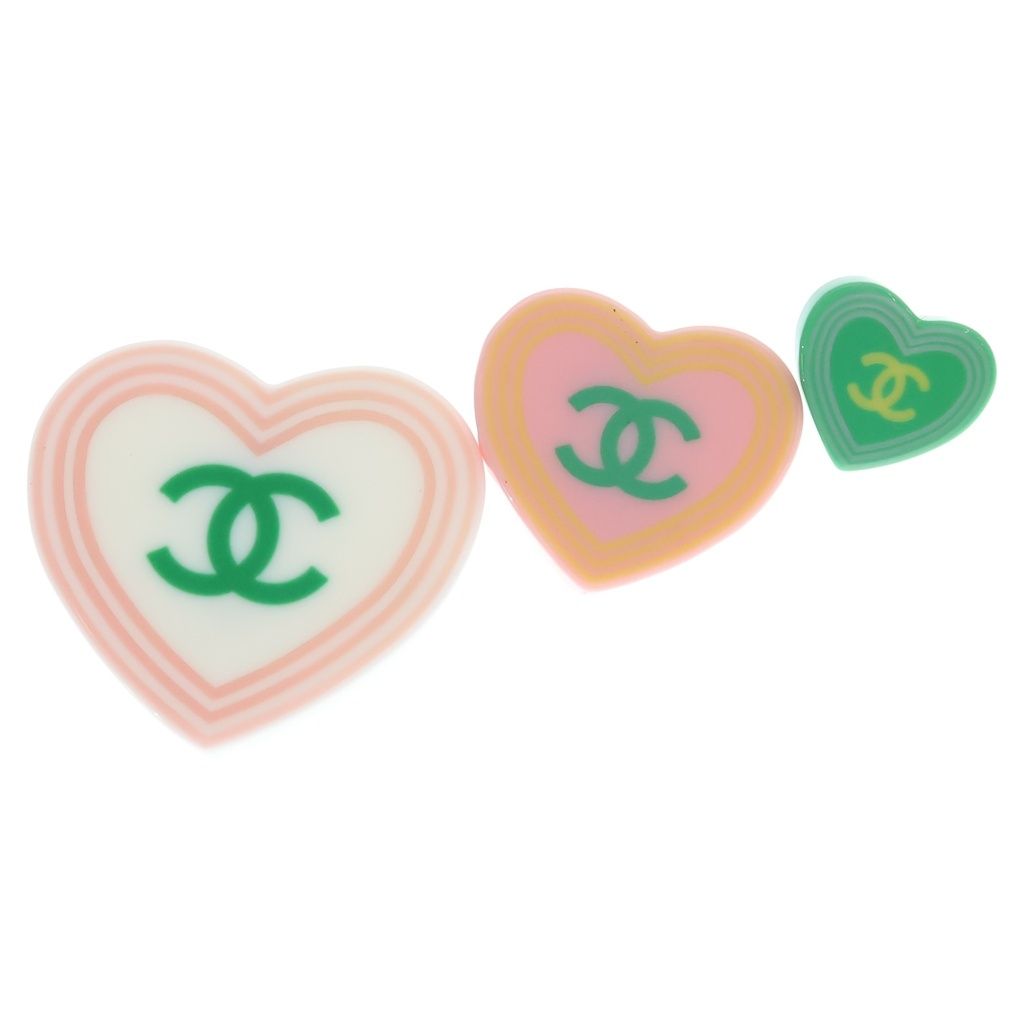 Chanel CC Logo Heart Pin Brooch Pin Badge Set Pink Green 04C