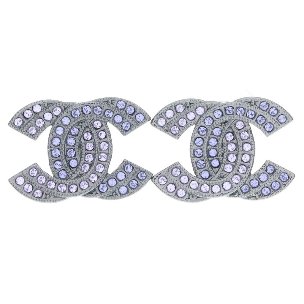 Chanel CC Logo Earrings Purple Silver Rhinestone