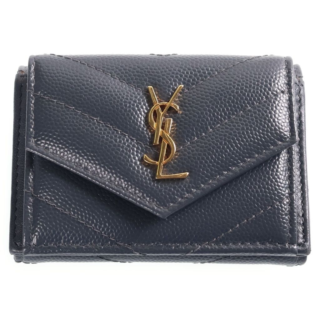 Saint Laurent Paris Tiny Wallet Trifold Compact Gold Leather Gray