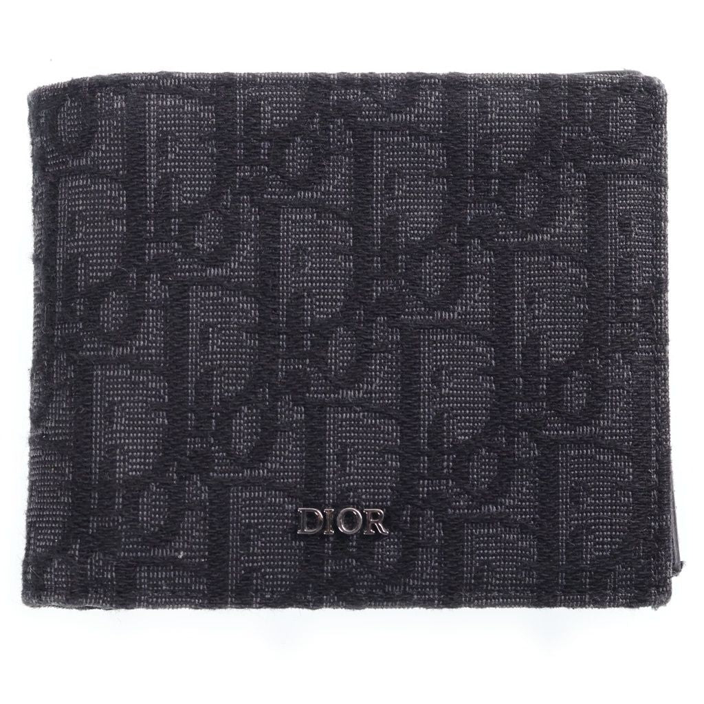 Dior Oblique Bifold Wallet Compact Card Case Black Leather Canvas