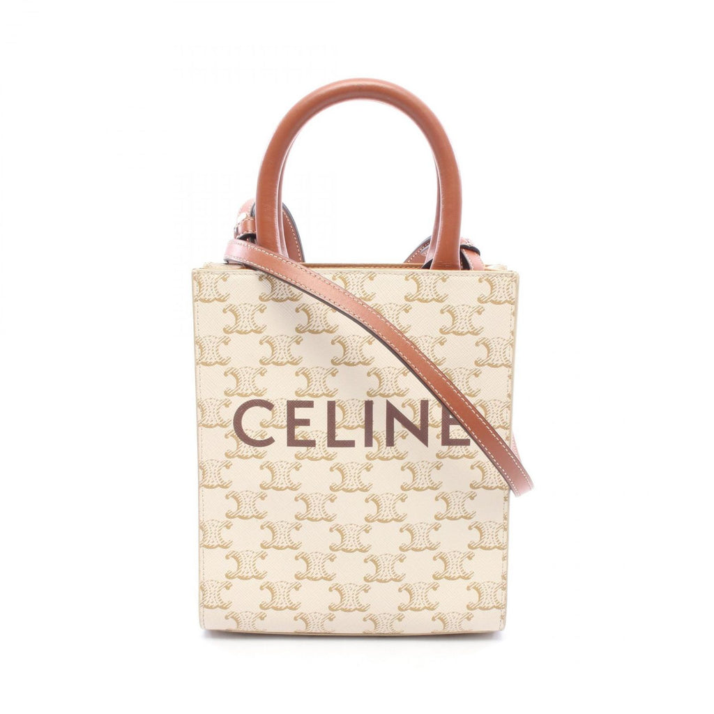 Celine Handbag Mini Vertical Cabas Triomphe 2-Way White Brown Leather