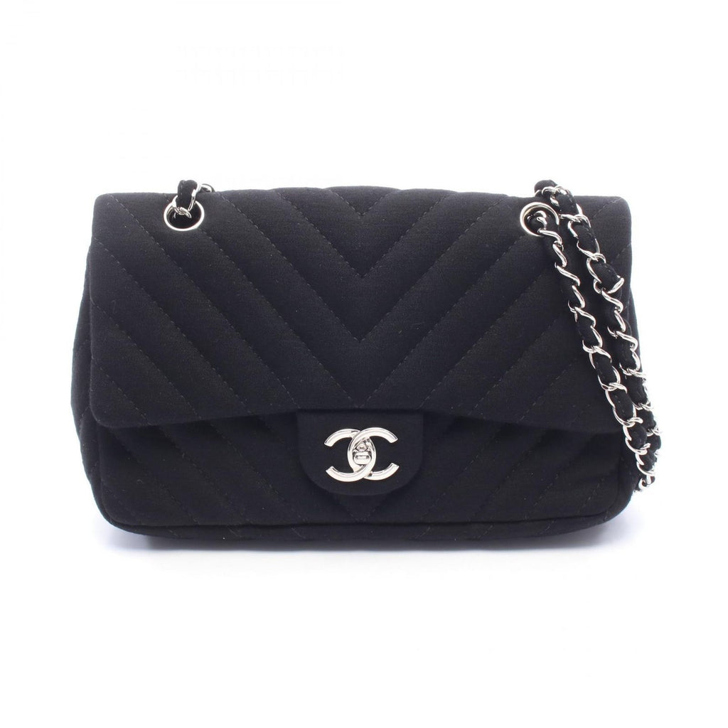 Chanel Shoulder Bag Chevron V-stitch Black Fabric Chain